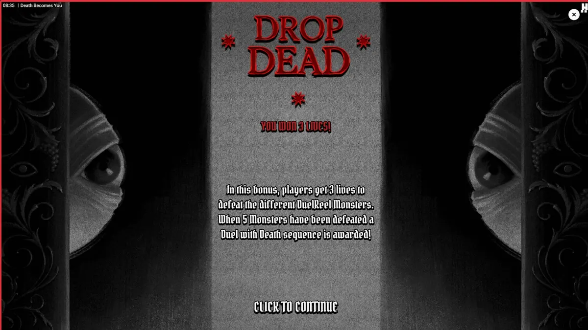 Tampilan visual slot Death Becomes You dengan tema gotik dan nuansa gelap.