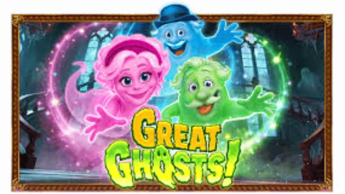 Tampilan visual slot Great Ghosts dengan tema rumah hantu kartun yang penuh warna