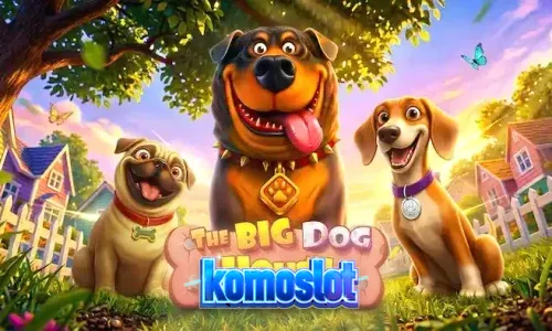 Tampilan layar permainan slot The Big Dog House dengan simbol anjing dan rumah anjing